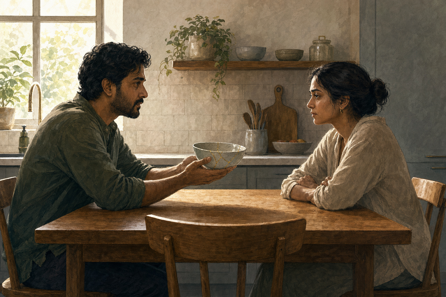 Two people sit across a kitchen table as one offers a repaired ceramic bowl with open hands and the other listens attentively.