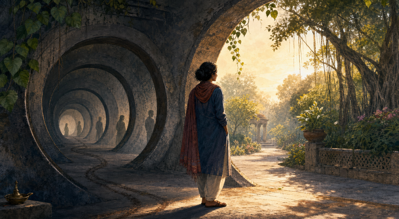 An adult pauses inside a spiral of repeating doorways and looks toward an opening that leads to a sunlit garden.