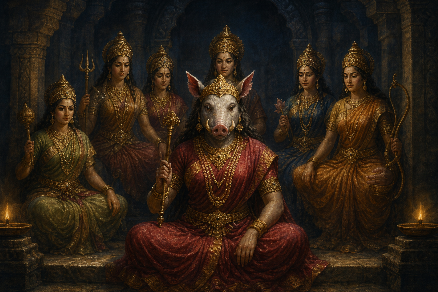 Goddess Varahi seated in a stone temple alcove, surrounded by six figures evoking the Sapta Matrikas