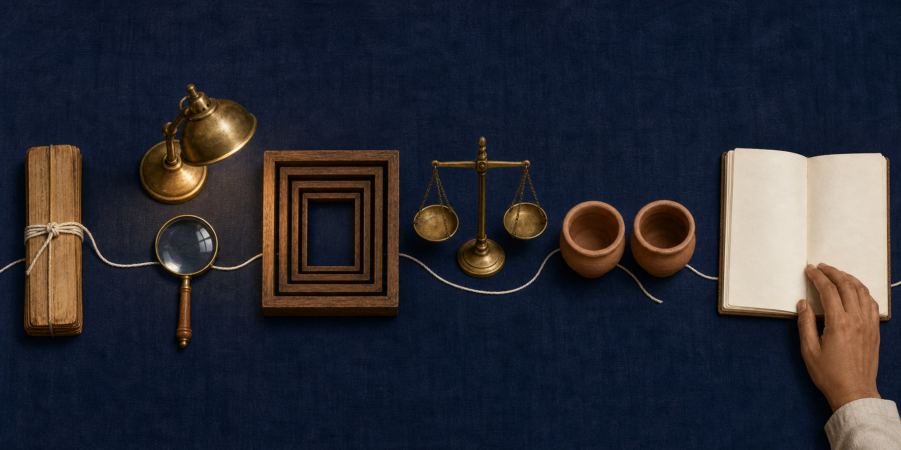 An overhead view of an orderly reading desk with a bound manuscript, lens, lamp, nested frames, balance scale, clay vessels, blank notebook, and a thread connecting the objects.