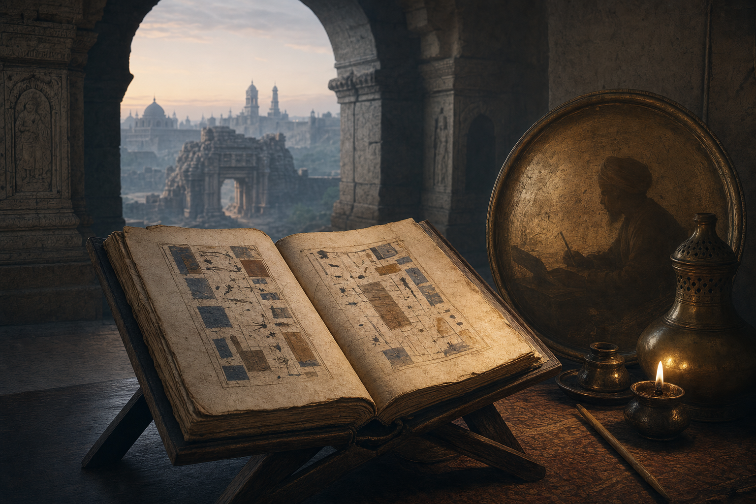 An open aged manuscript on a wooden stand is lit by a lamp, with a fortified city, a damaged stone gateway, and the reflected silhouette of a chronicler in the background.