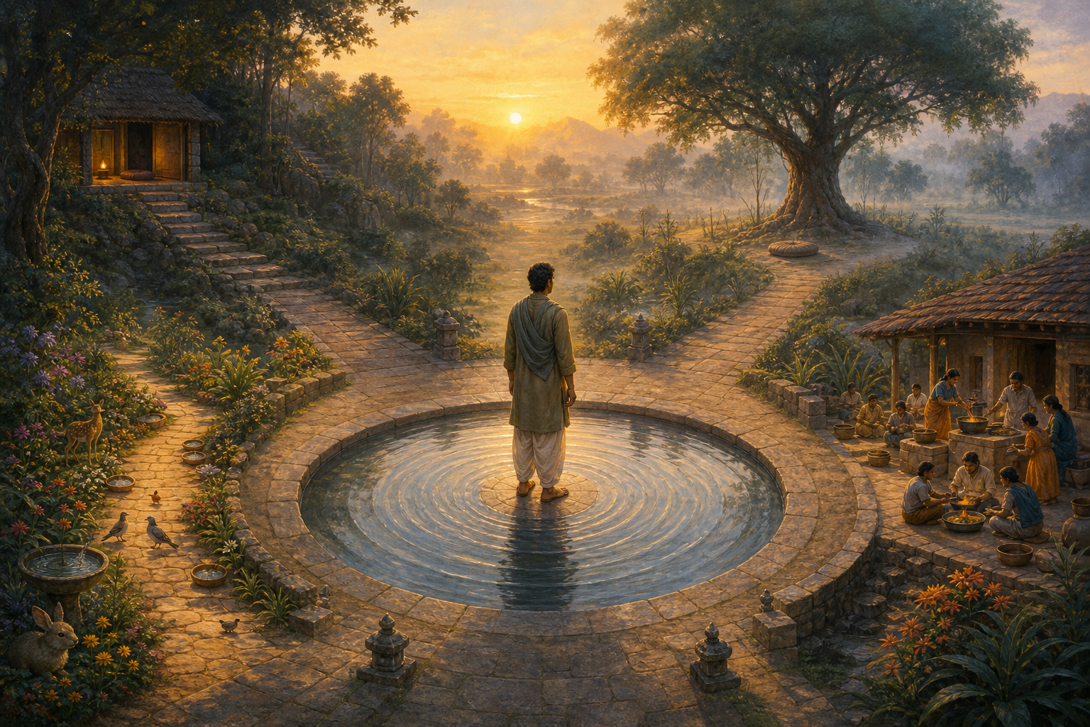 A person stands in a circular courtyard where four paths lead toward a forest hermitage, a meditation grove, a garden protecting small creatures, and a community kitchen.
