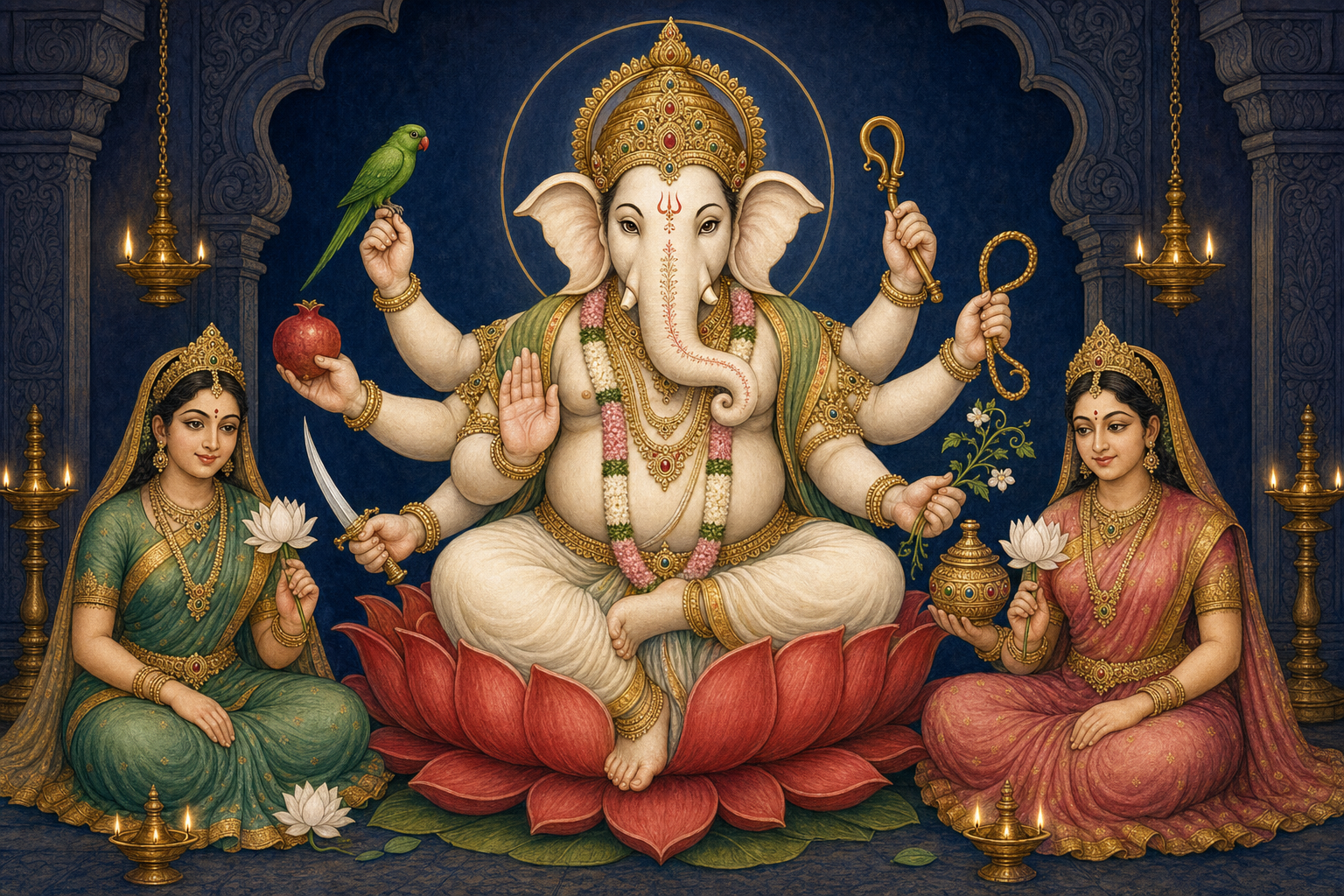 Eight-armed, ivory-white Lakshmi Ganapati sits on a lotus between two feminine figures holding white lotuses, with a parrot, pomegranate, sword, goad, noose, flowering creeper, vessel, and blessing gesture visible in his hands.
