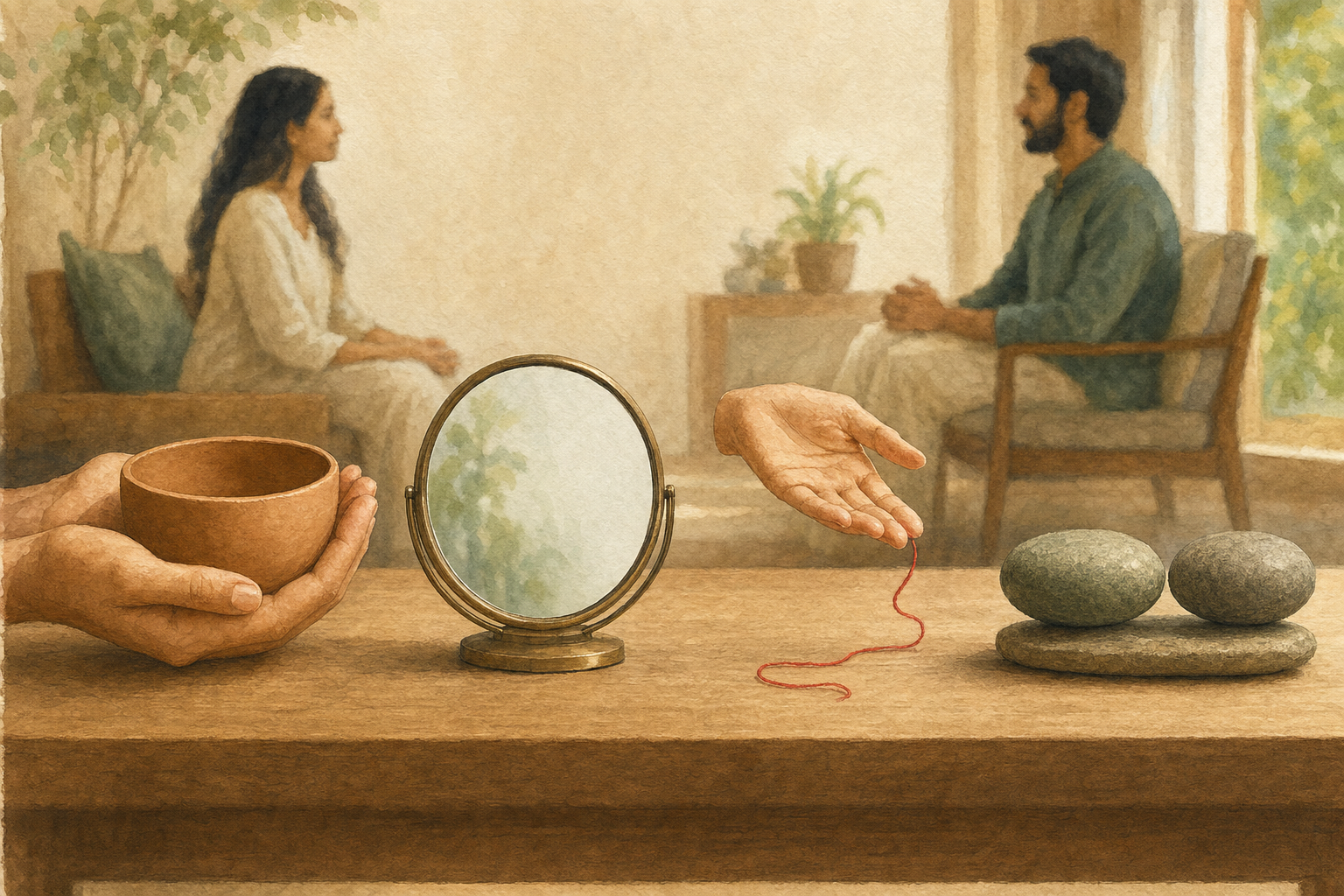 Four symbolic objects sit on a wooden table while two people have a calm conversation in the background.