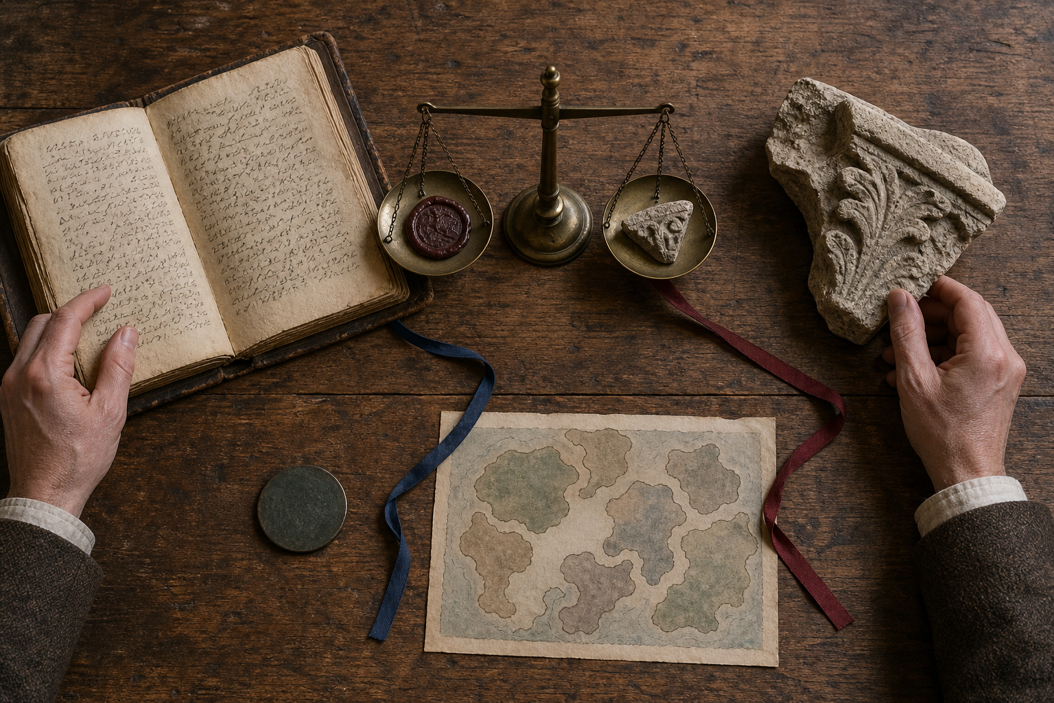Hands examine a manuscript, coin, map, seal impression, and carved stone fragment arranged around a brass balance on a wooden research table.