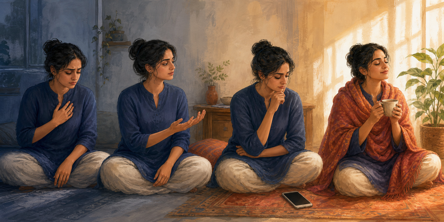 The same person appears in four stages, moving from bodily tension and phone anxiety to calm breathing with tea and a warm shawl.