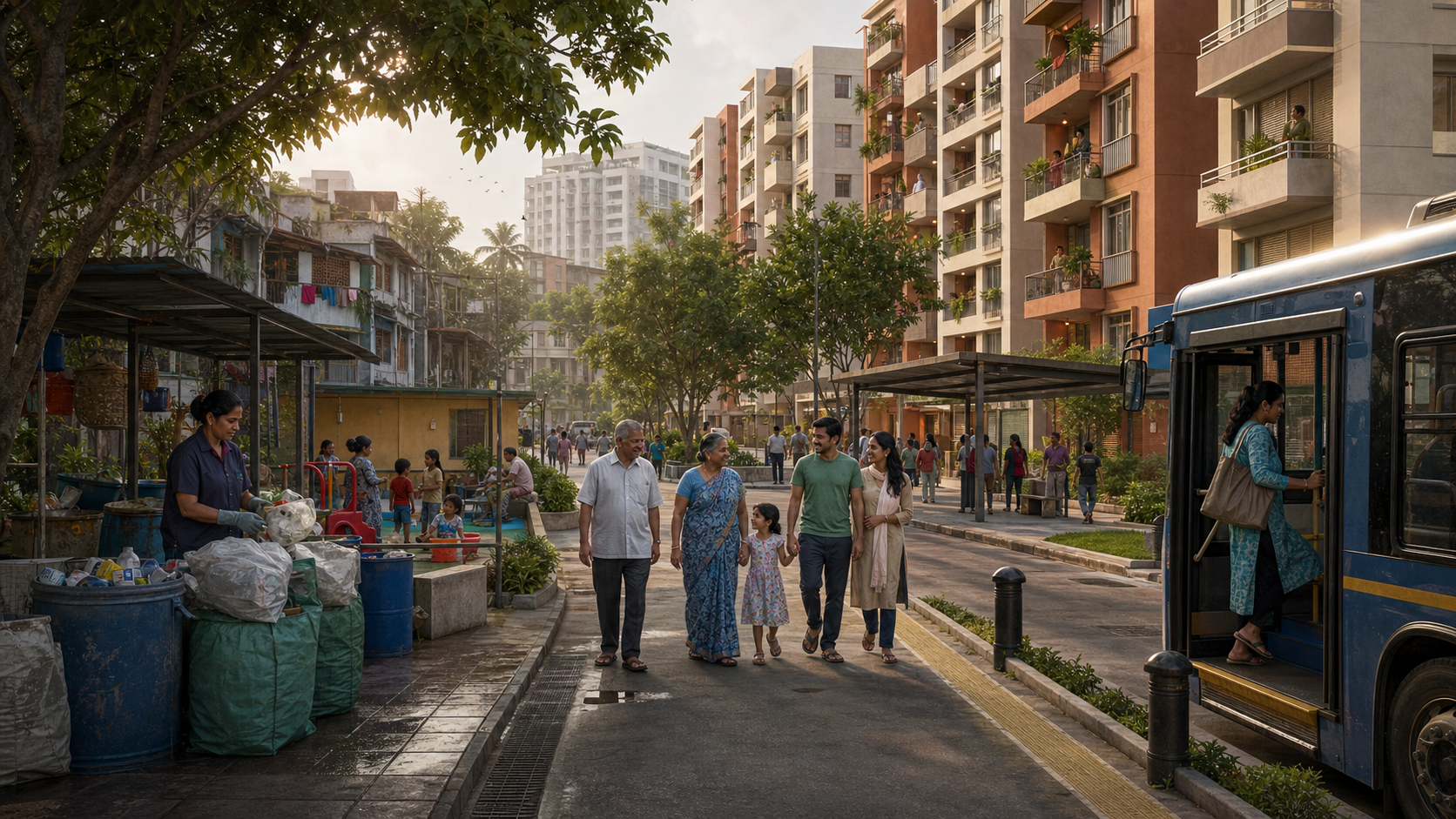 Mumbai residents move between mid-rise homes, ground-floor workplaces, a childcare courtyard, a recycling station, and public transport near an intact low-rise settlement.