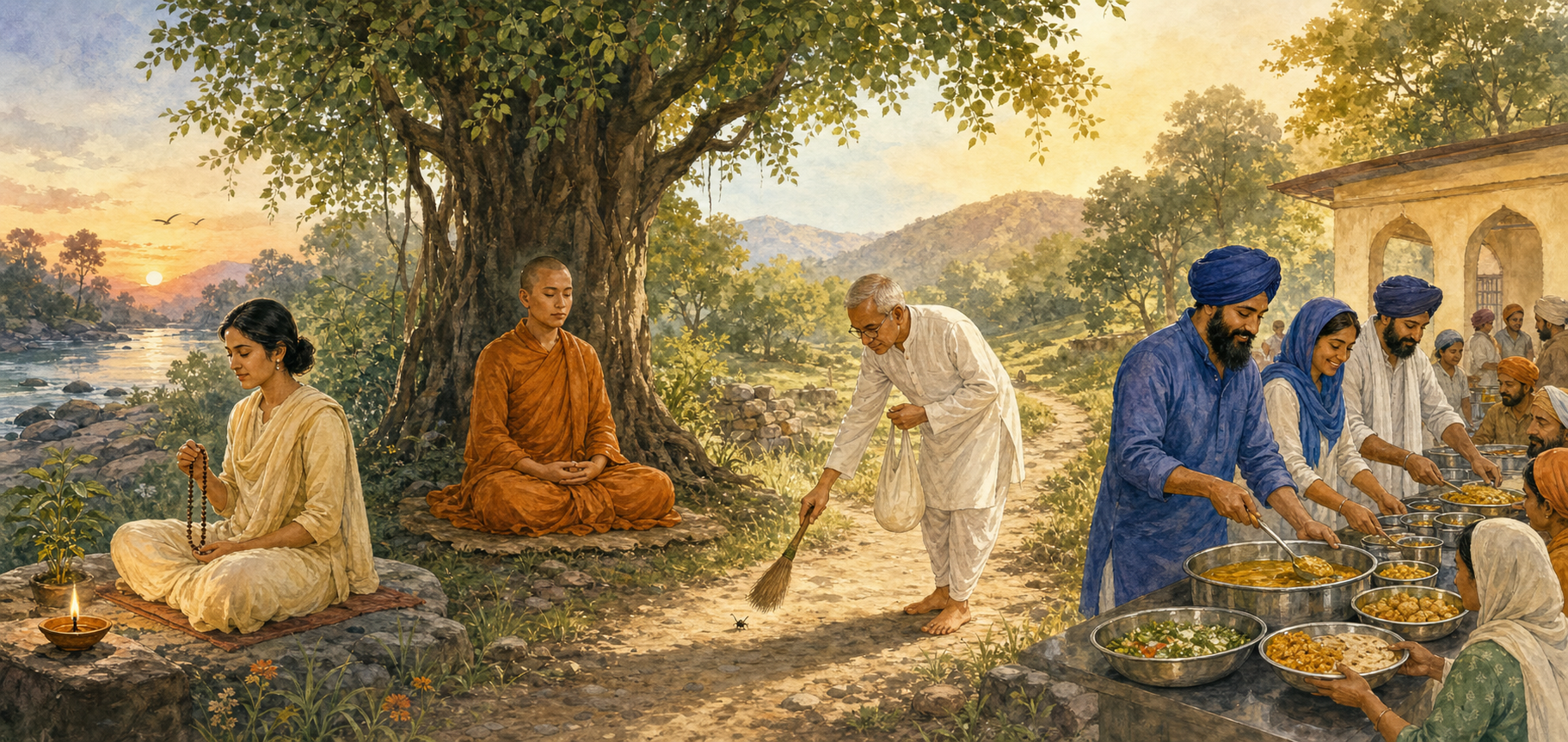 Four connected scenes show a Hindu practitioner using prayer beads, a Buddhist monastic meditating, a Jain layperson protecting an insect, and Sikh volunteers serving a communal meal.