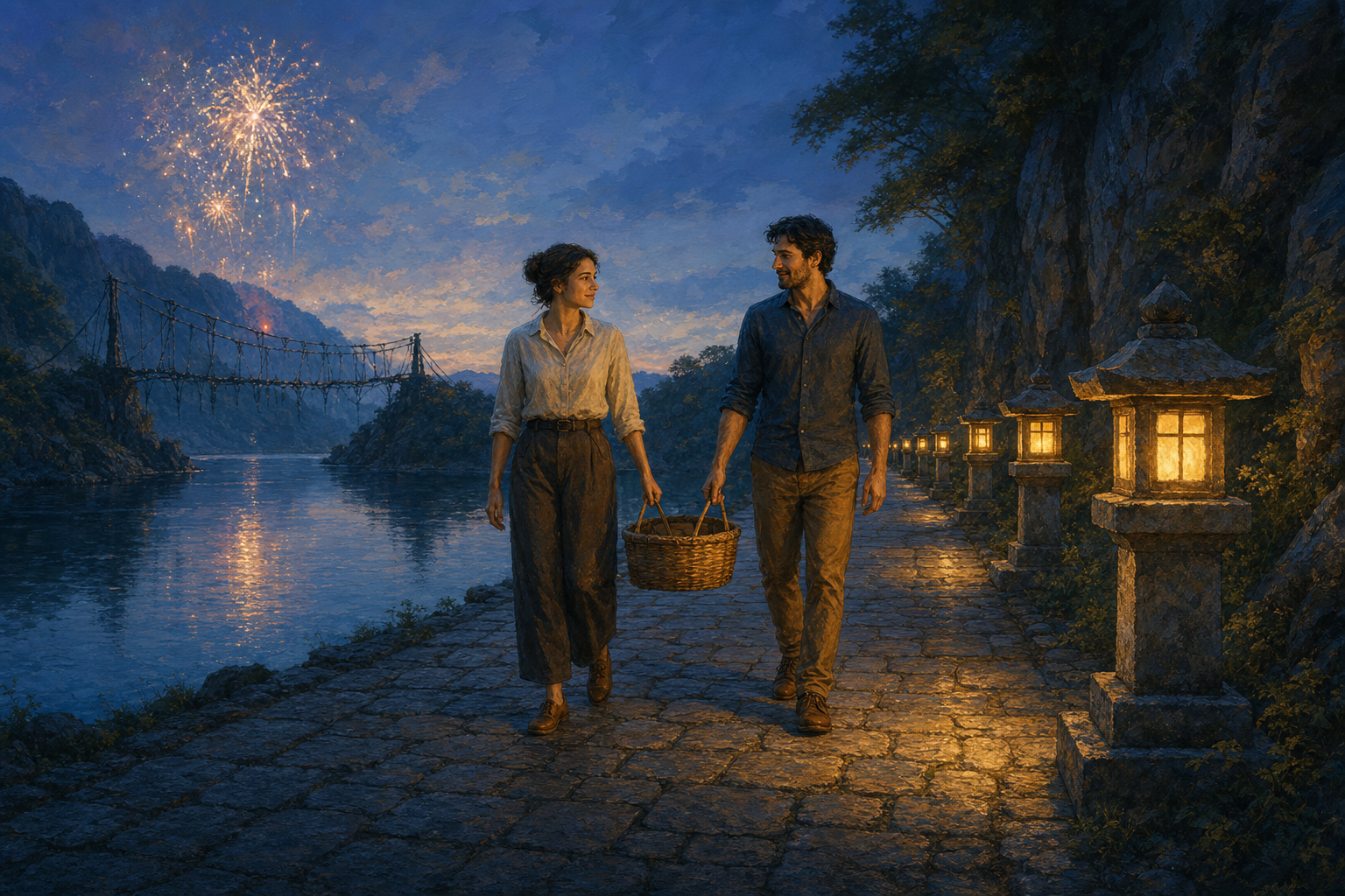 Two people share a basket while walking beside a calm river on a lantern-lit stone path, with fading fireworks behind them.
