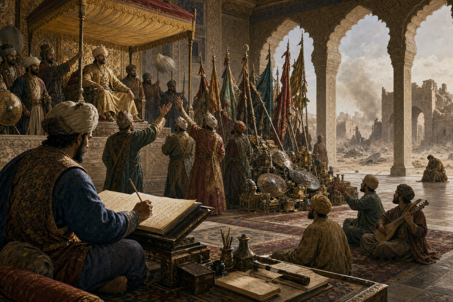 A court chronicler writes before an elevated ruler as courtiers, tribute, captured standards, musicians, and a distant damaged gateway shape a ceremonial account of victory.