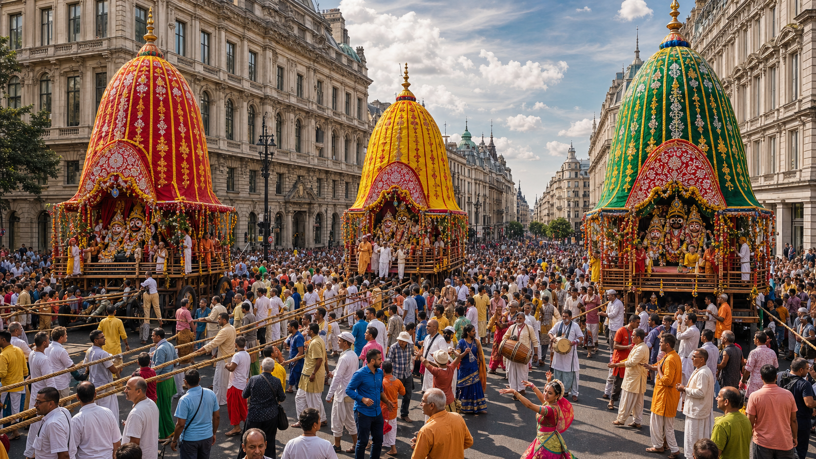 Three tall decorated Rathayatra chariots travel through a crowded central London street as participants pull ropes and accompany the procession.