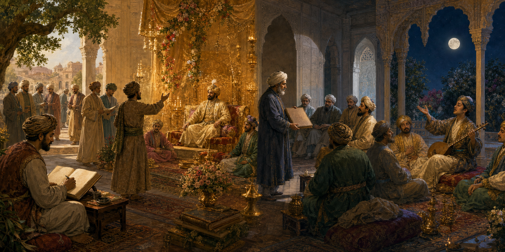 Four connected court scenes show a chronicler recording events, a poet praising a patron, a scholar advising a council, and a musician reciting verse.