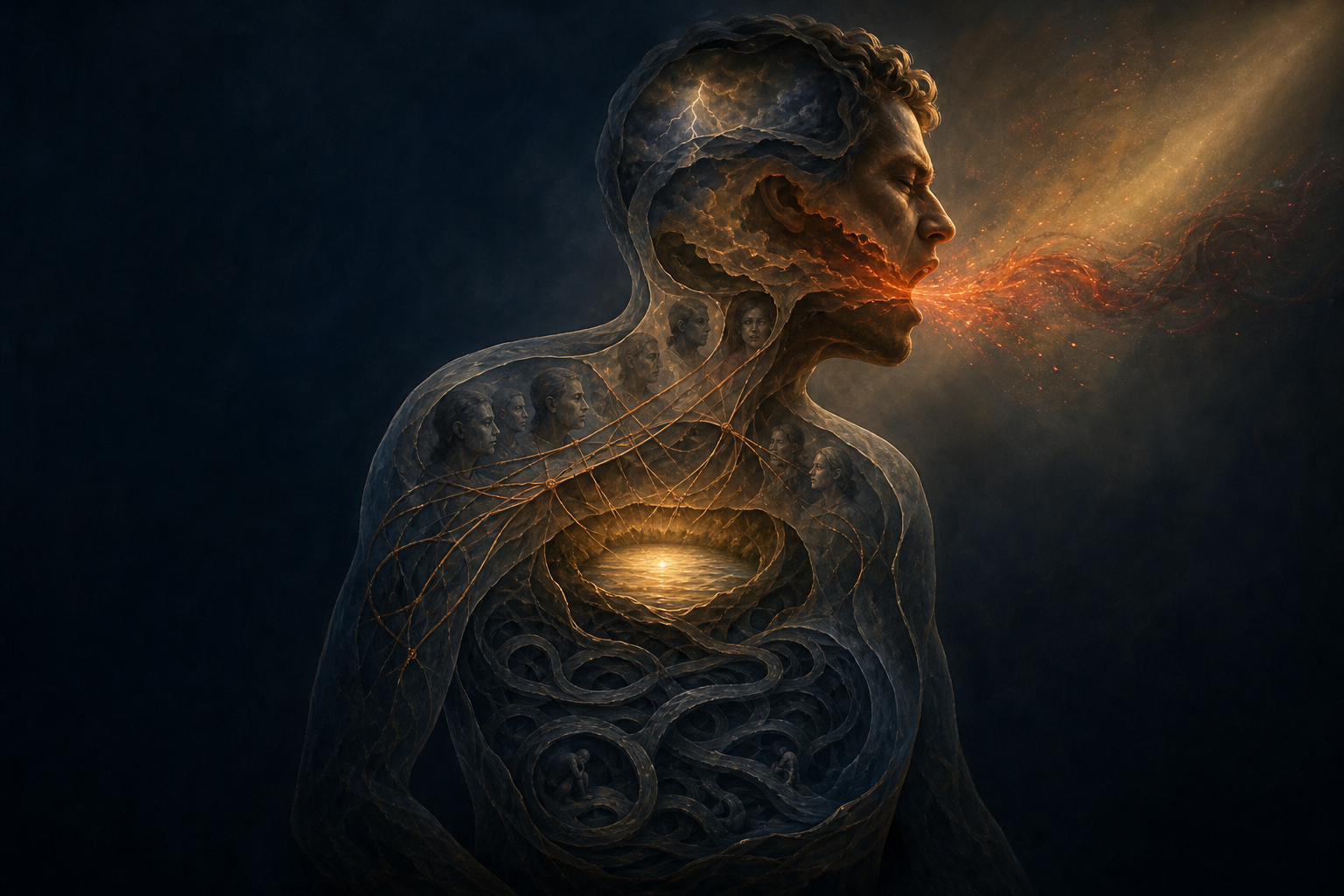 A translucent human figure contains sparks near the mouth, tangled cords around the chest, dark looping grooves deeper inside, and a small calm light at the center.