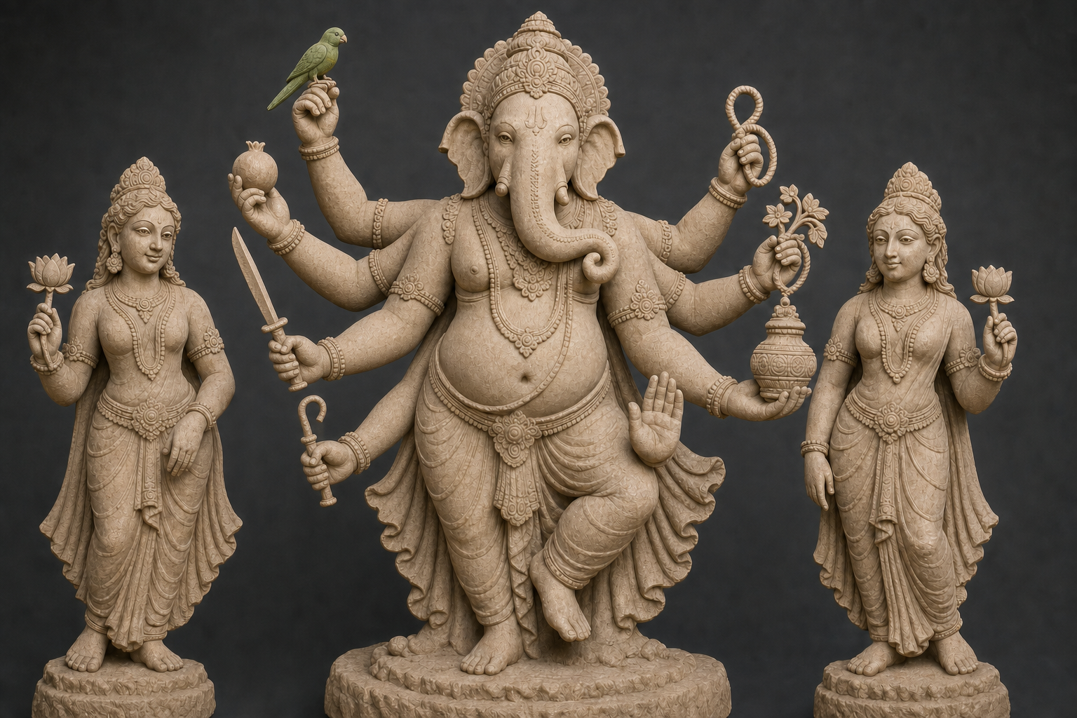 A pale sandstone study of eight-armed Lakshmi Ganapati shows two lotus-bearing feminine attendants and a clearly separated set of hand-held emblems.