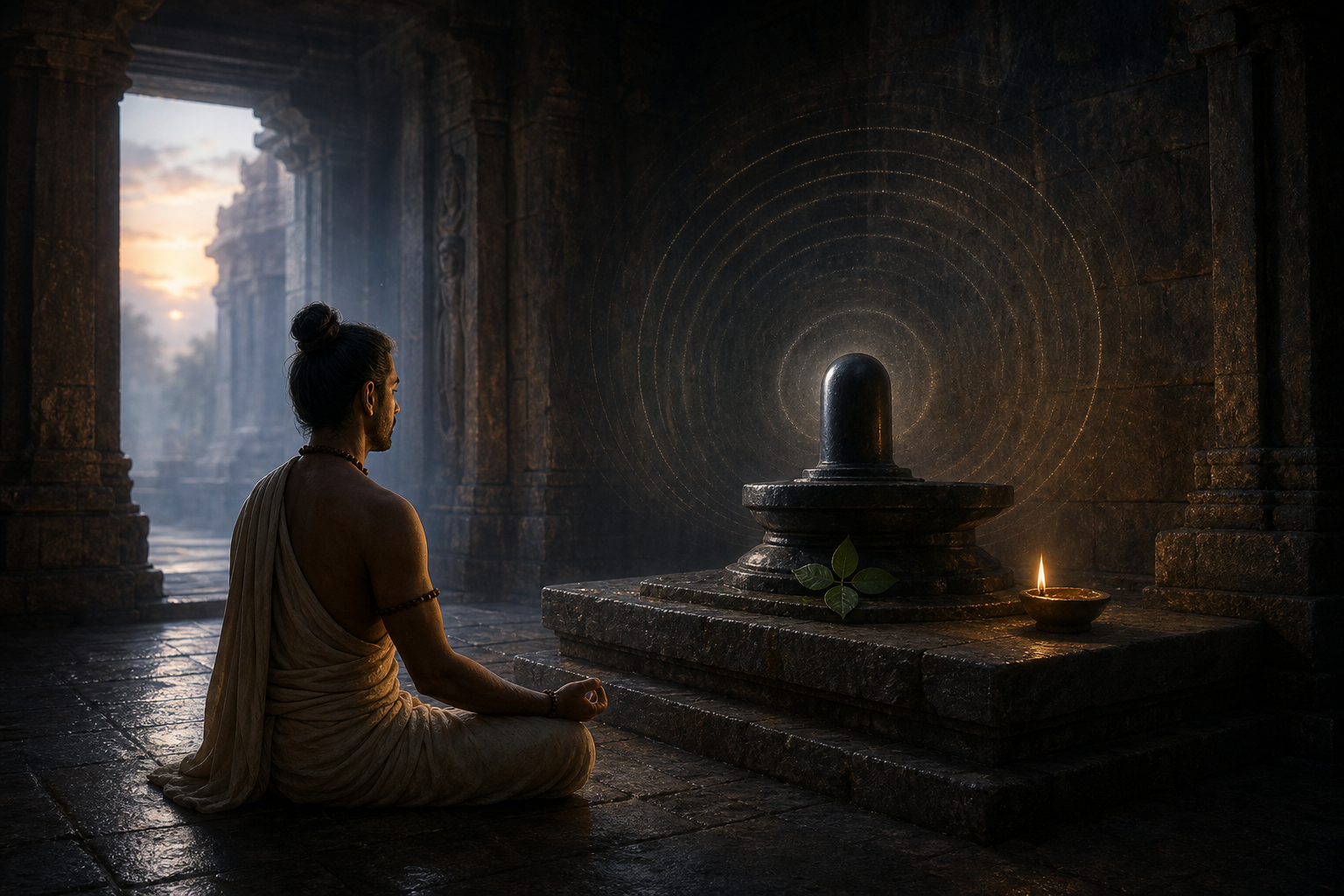 A seated practitioner meditates before a stone Shiva lingam as subtle luminous ripples spread through a dim temple sanctum.