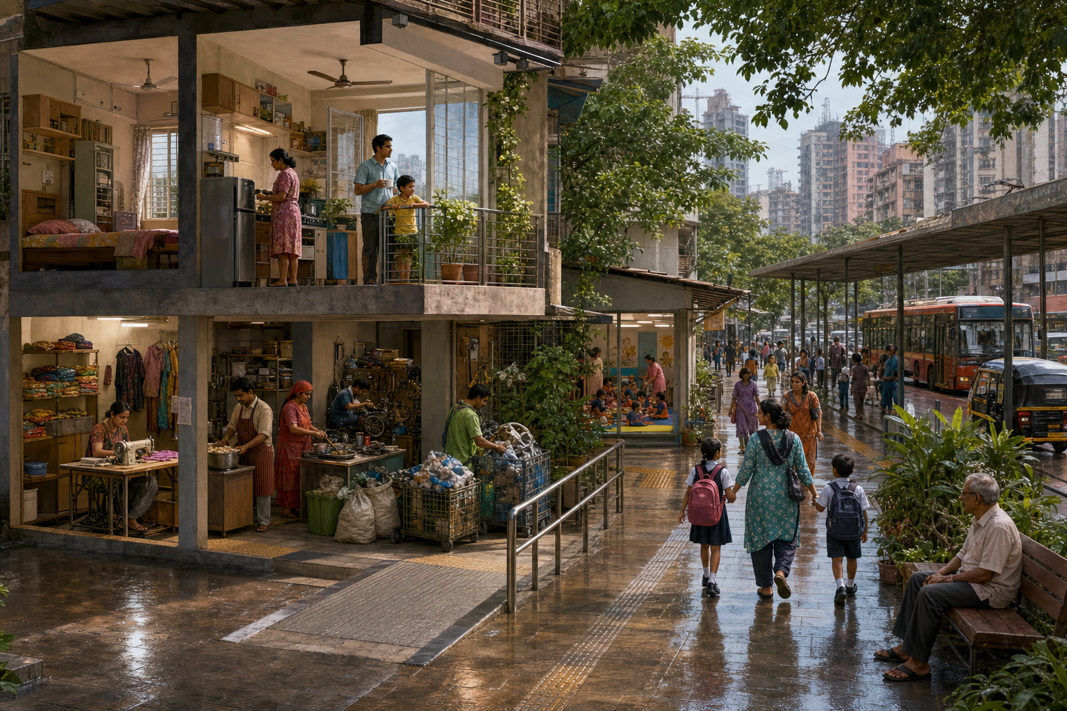 A cutaway view shows a ventilated apartment, ground-floor livelihood spaces, childcare, health services, a market lane, and public transport in one Mumbai neighborhood.