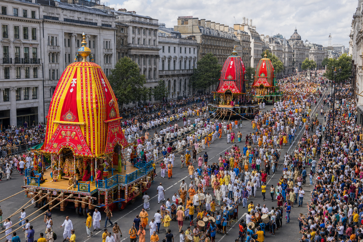 An elevated view shows three decorated chariots, rope pullers, musicians, dancers, and spectators filling a central London avenue.