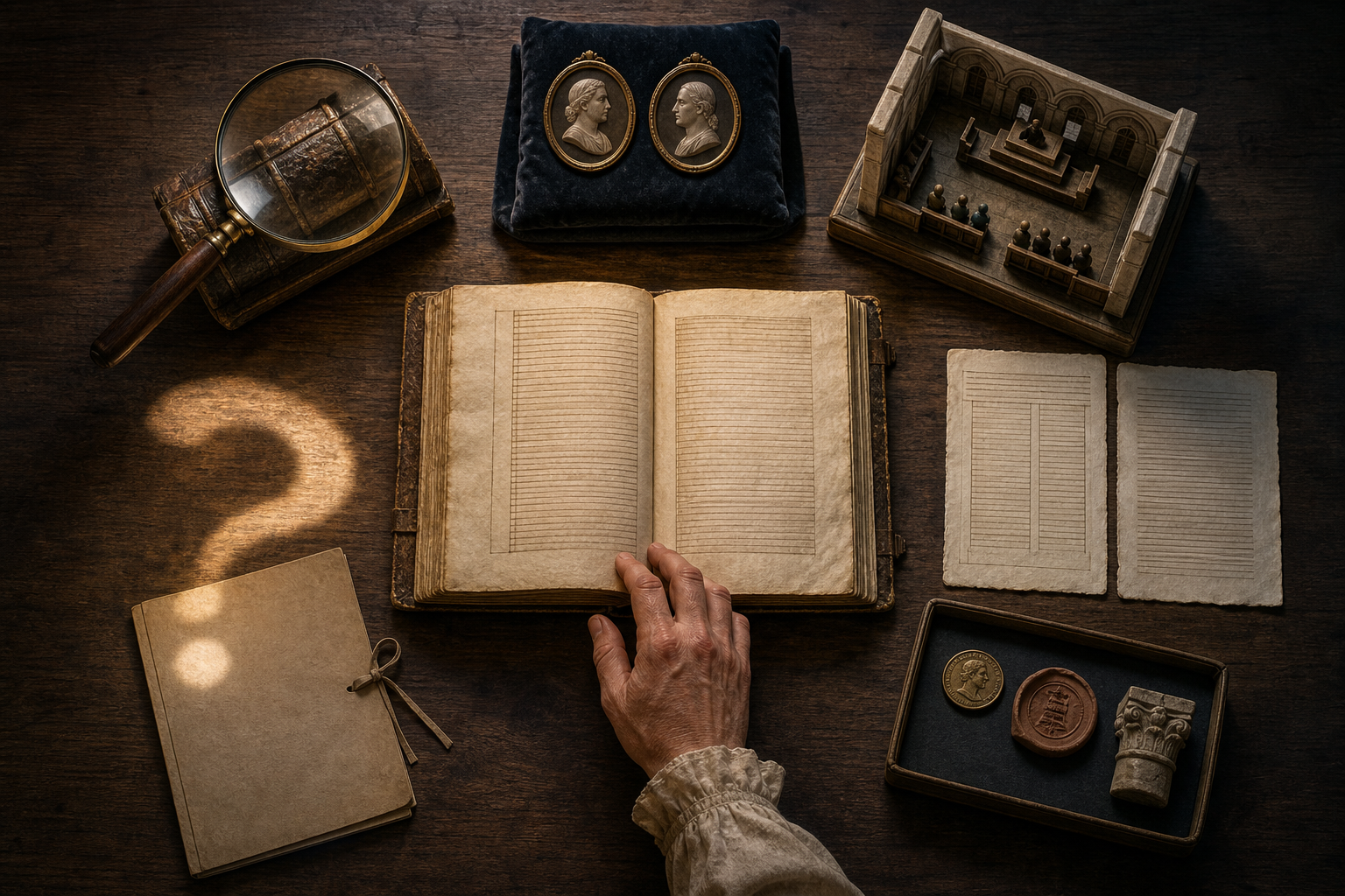 An open manuscript is surrounded by six groups of evidence, including a lens, portrait medallions, a court model, manuscript leaves, coins, a seal, a stone fragment, and an empty folder.