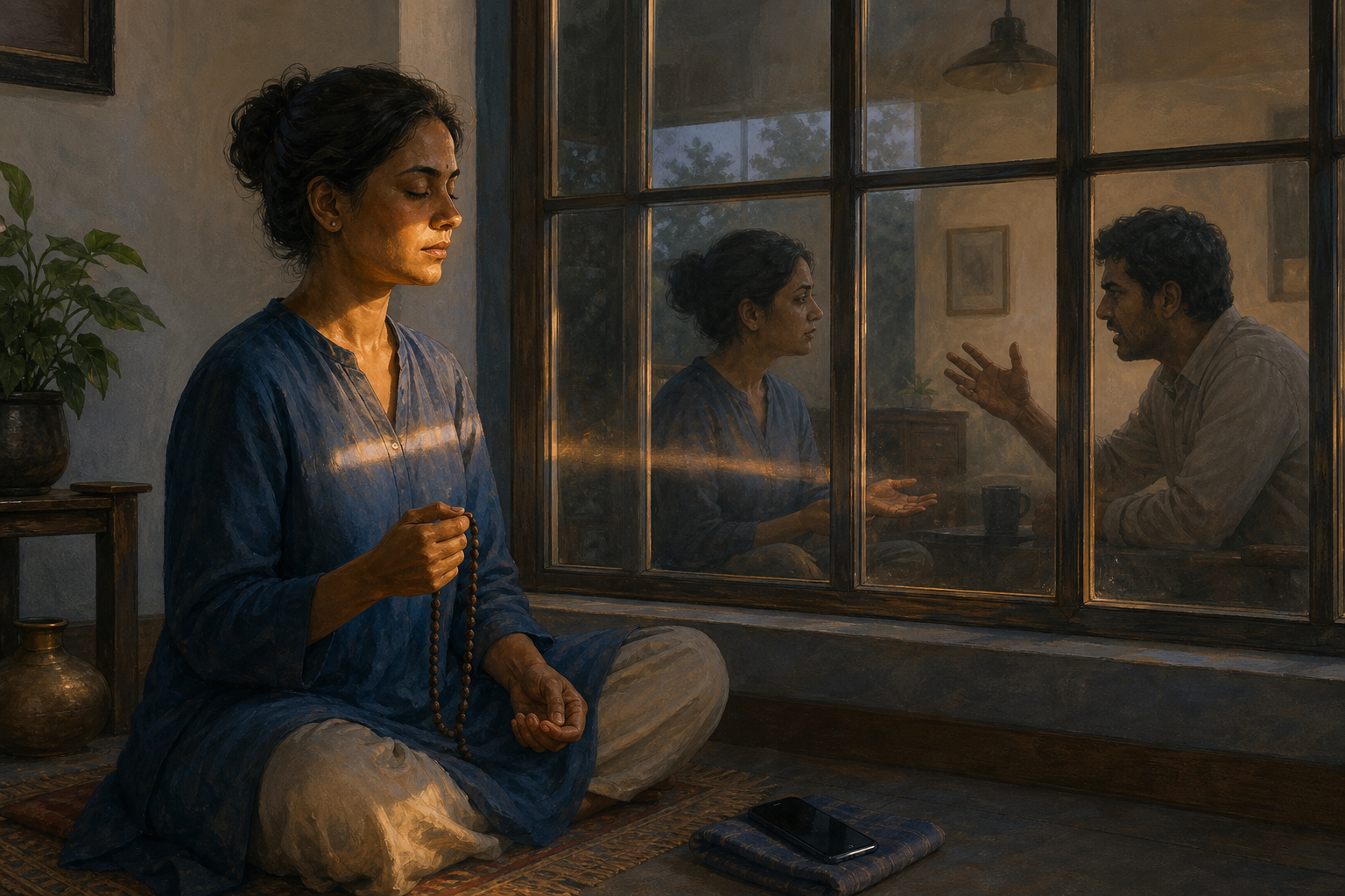 A person practices quietly with prayer beads at dawn while a window reflection shows the same person pausing and listening during a tense disagreement later.