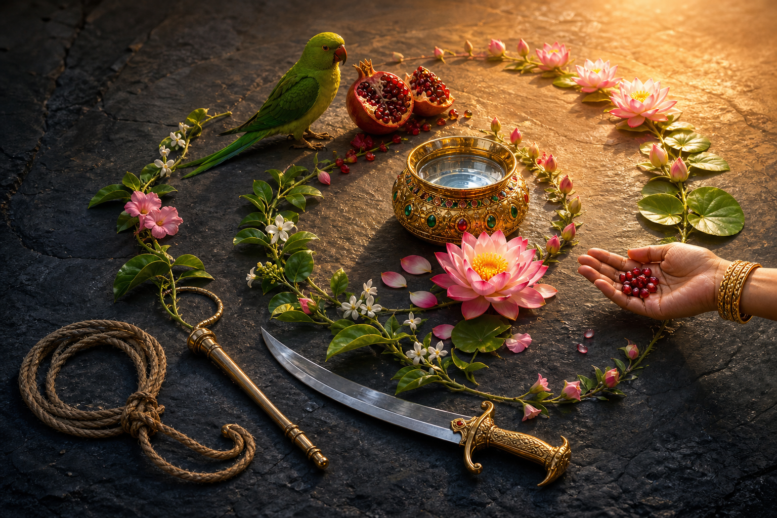 A noose, elephant goad, sword, flowering creeper, green parrot, pomegranate, lotus, and jeweled water vessel form a spiral from shadow into warm light.