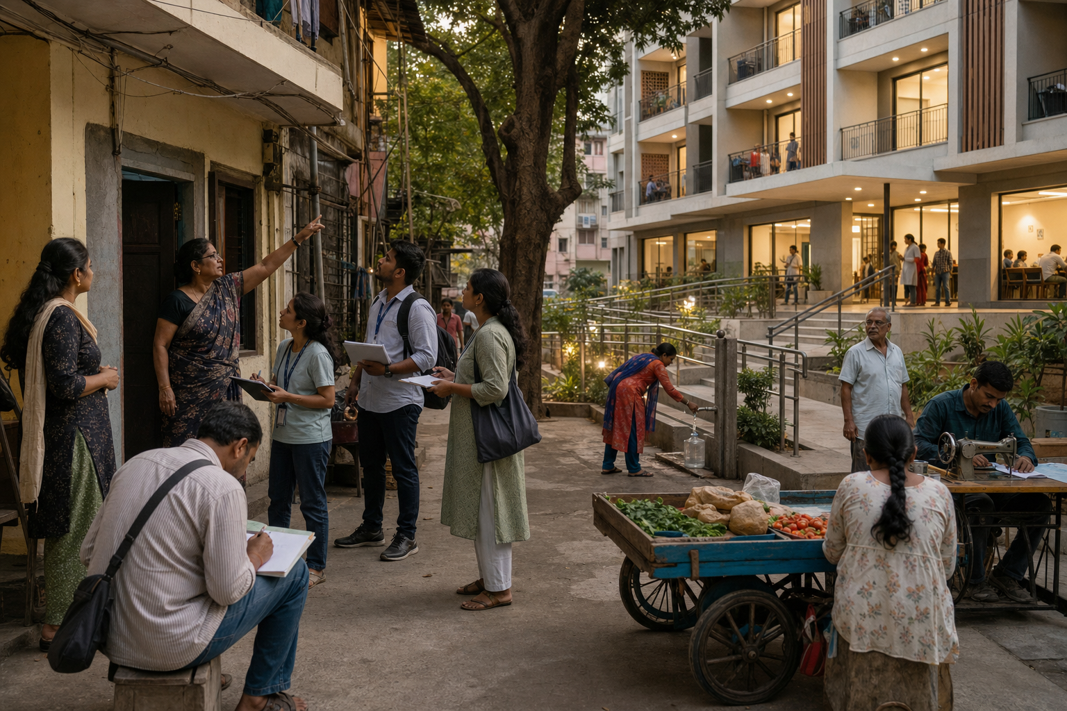 Residents and field workers inspect homes, utilities, livelihood spaces, and accessibility needs while completed replacement buildings are checked nearby.