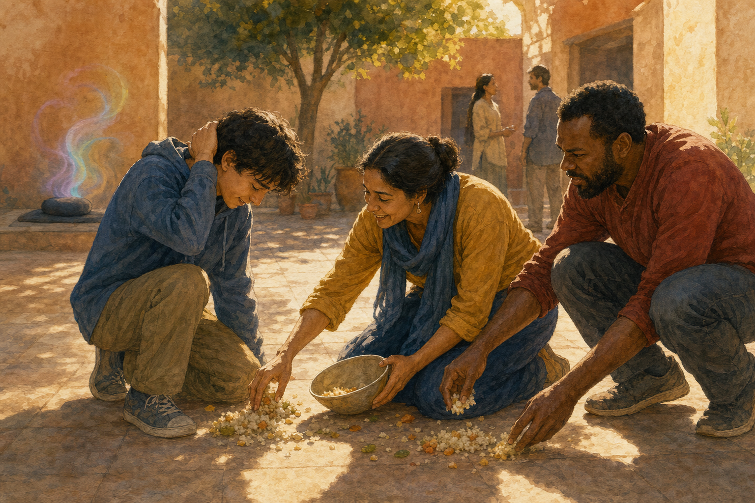 An adult calmly helps a younger person clean up spilled food as a frustrated bystander softens and joins them, with an empty meditation cushion in the background.