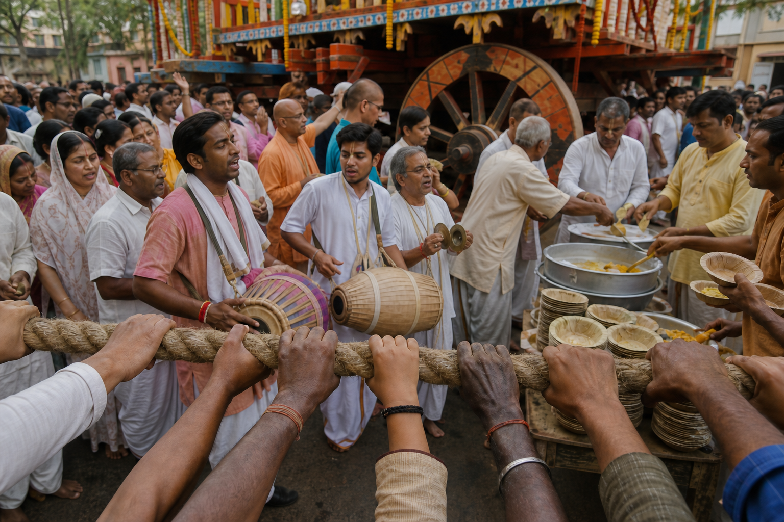 Participants hold a thick chariot rope while nearby devotees play drums and cymbals and volunteers serve vegetarian food.