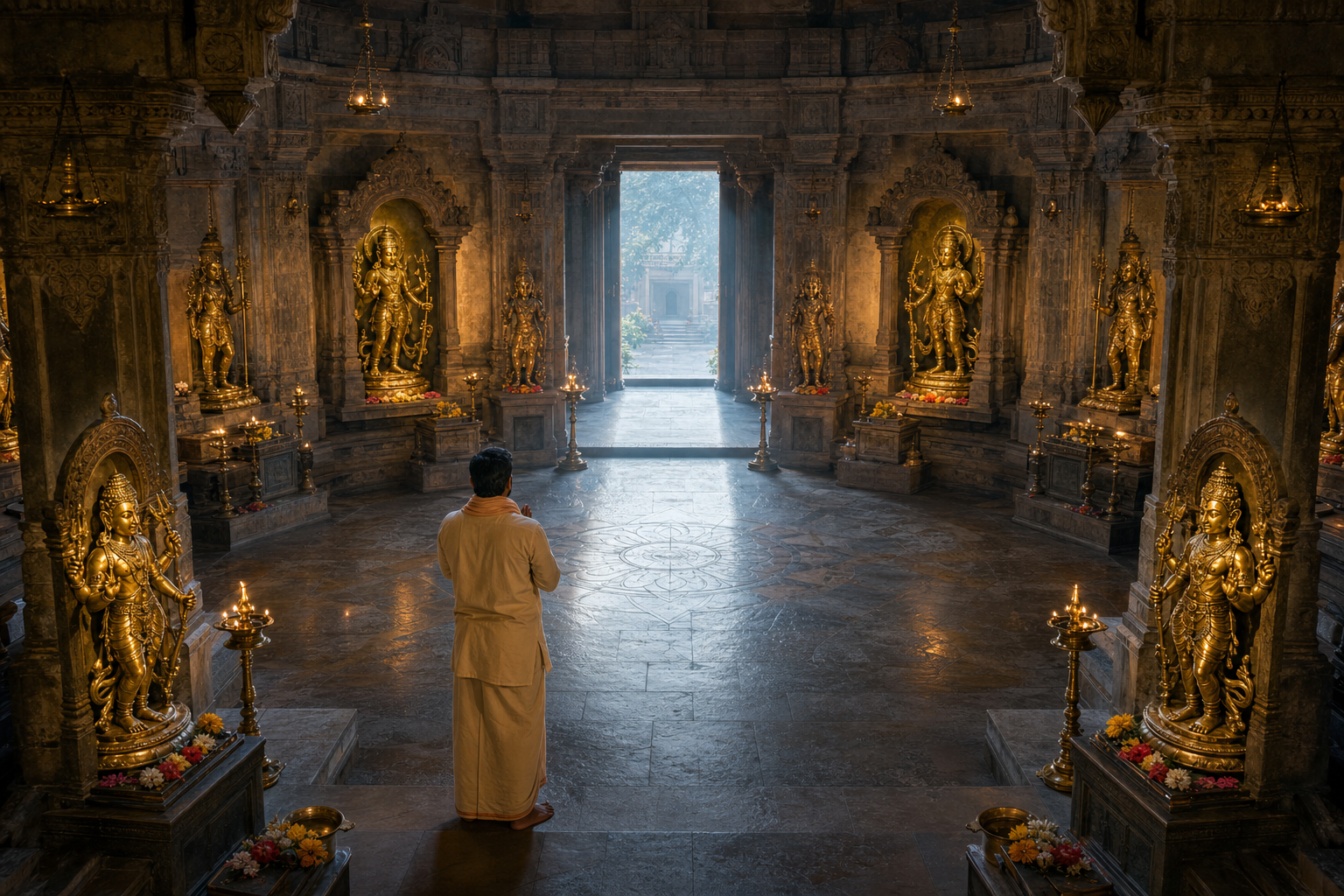 A visitor stands respectfully before a golden-hued Asitanga Bhairava murti in the eastern part of an eightfold temple shrine arrangement.