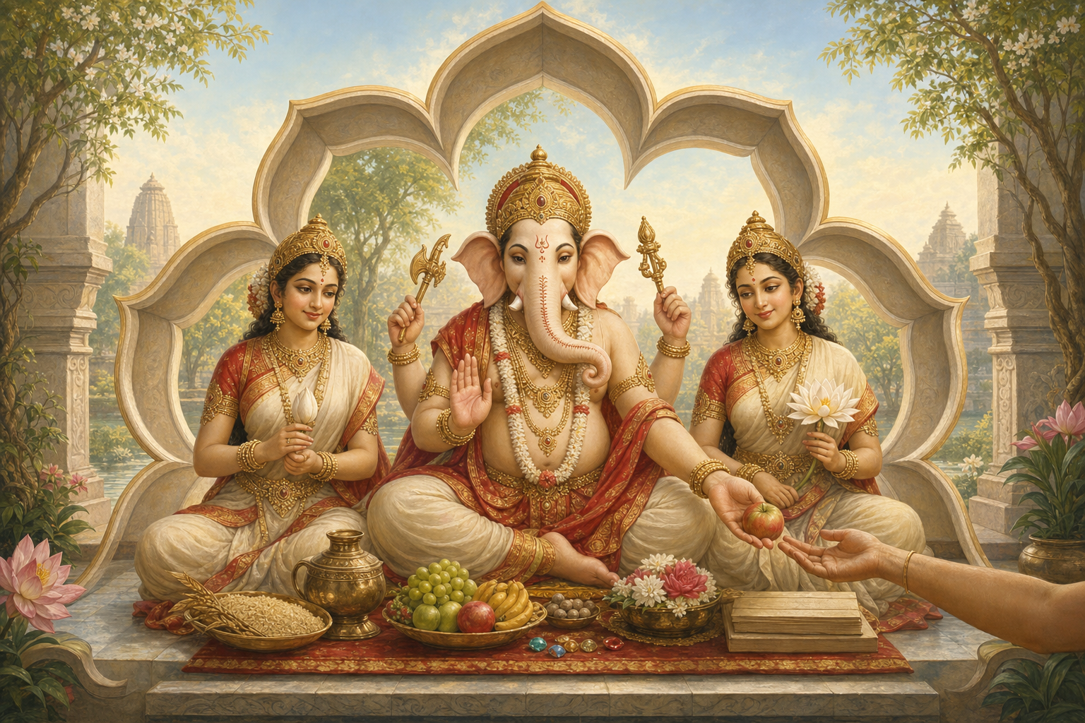 Lakshmi Ganapati sits between Siddhi and Riddhi holding white lotuses, with grain, fruit, water, flowers, a manuscript, and a few gems arranged below them.