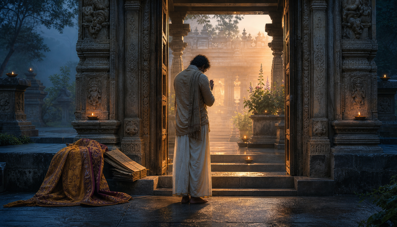 A devotee bows with joined hands at a stone temple entrance while manuscripts and a ceremonial shawl rest on a step behind them.