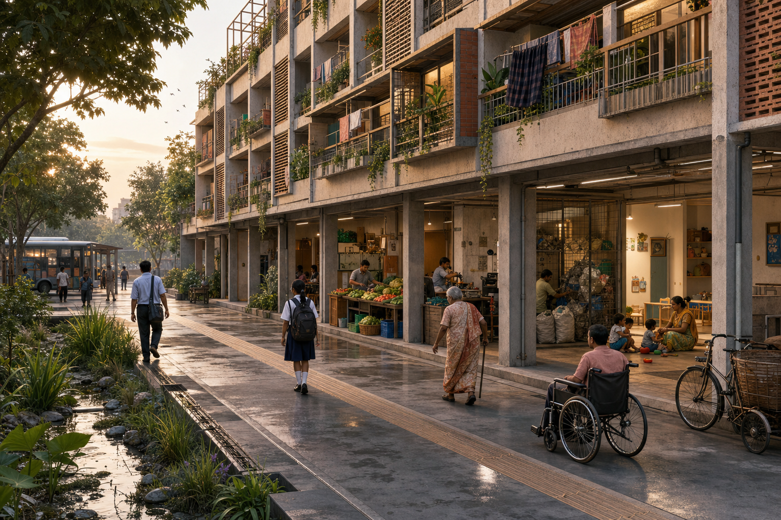 A Mumbai housing complex combines modest apartments with workshops, vending space, recycling facilities, childcare, accessible paths, drainage, and a nearby bus stop.