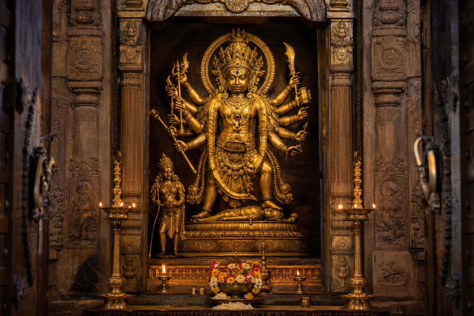 A golden-hued multi-armed Bhairava murti appears with ritual implements, an attendant figure, offerings, and eastern shrine architecture.