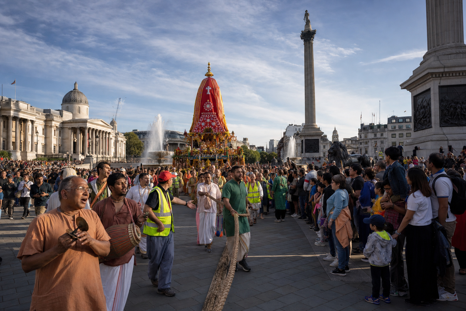 A decorated Rathayatra chariot and its accompanying crowd approach Trafalgar Square as spectators watch from the pavement.