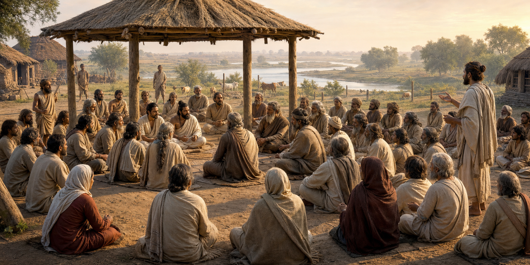 A ruler listens at ground level as a small council deliberates beneath a wooden canopy and a larger community gathers around them in an ancient settlement courtyard.