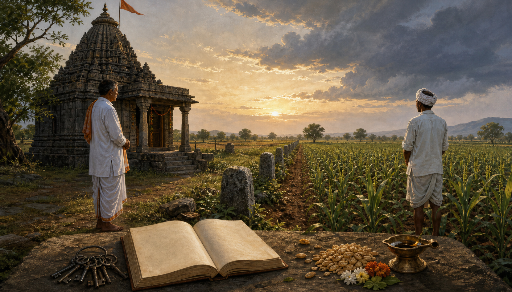 A stone temple beside cultivated farmland, with a farmer and a temple trustee separated by survey markers and an open land-record ledger in the foreground.