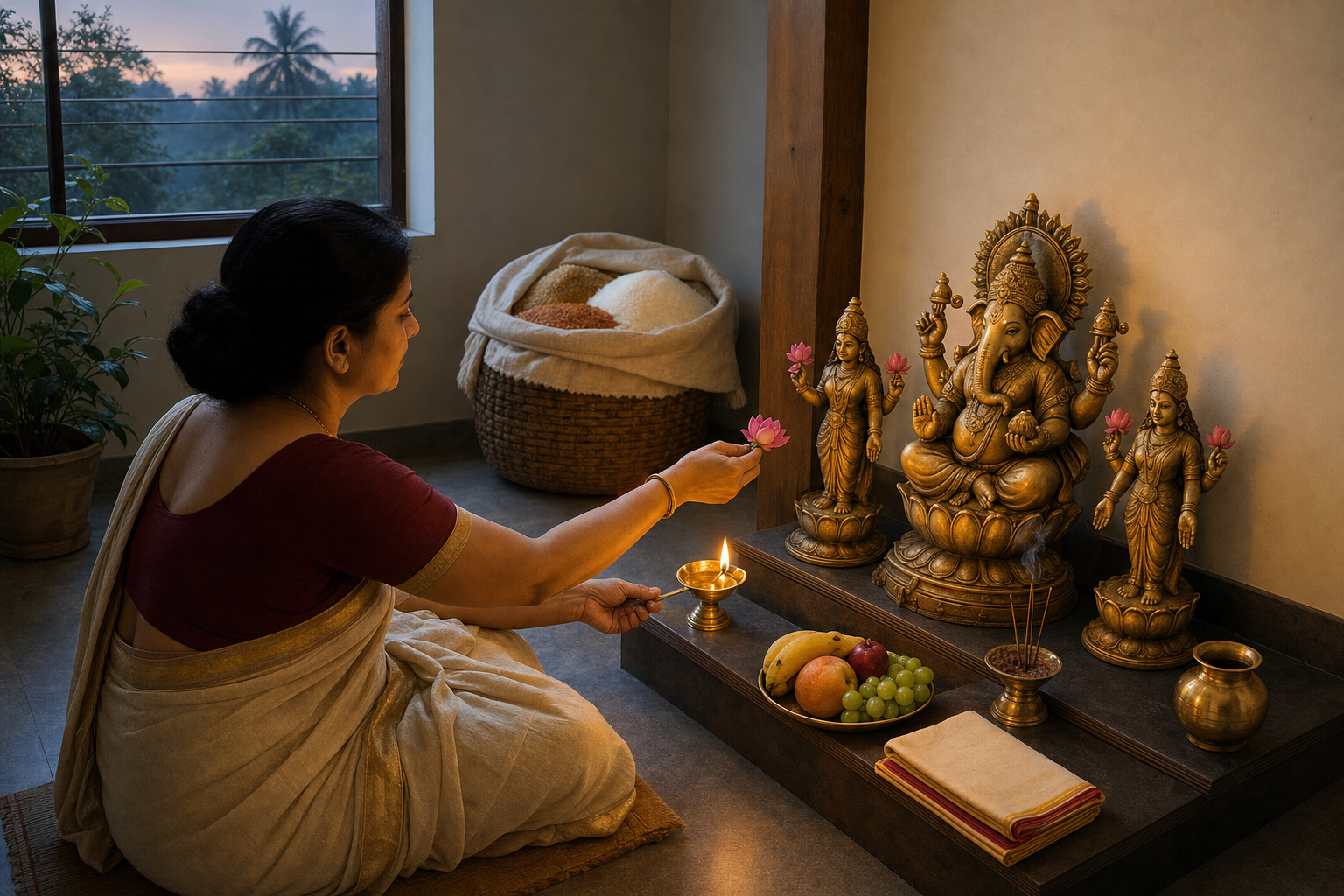 A seated devotee offers a flower and oil lamp at a small home shrine containing an eight-armed Lakshmi Ganapati murti with two lotus-bearing attendants.
