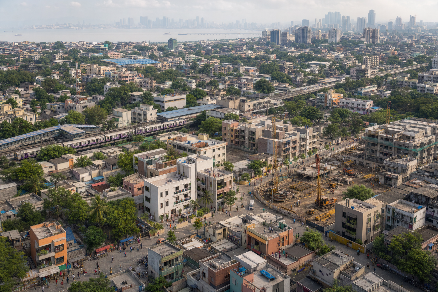 An oblique view of a Mumbai district shows varied affordable housing, worker accommodation, serviced plots, schools, clinics, markets, utilities, and public transport near jobs.