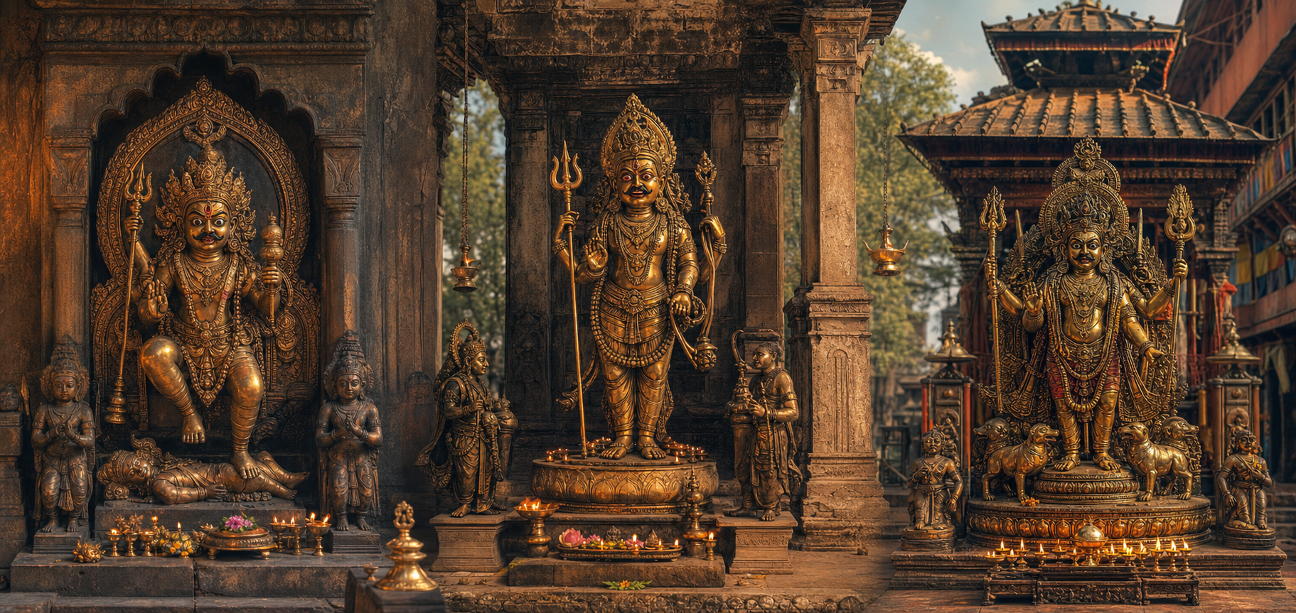 Three differently styled temple shrines show regional variations in representations associated with the Asitanga Bhairava tradition.