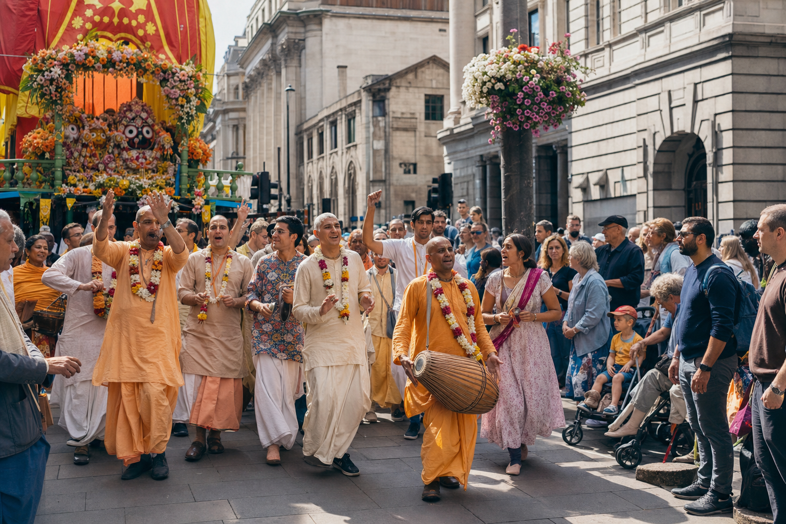 Devotees chant and dance beside a decorated chariot while a diverse group of passersby watches on a central London street.