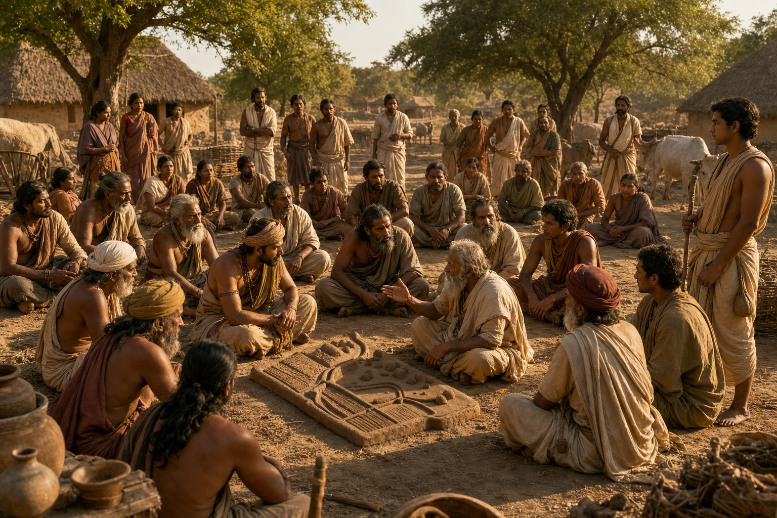 Counselors and community members discuss a clay model of fields and water channels while a seated ruler listens to an elder's criticism.