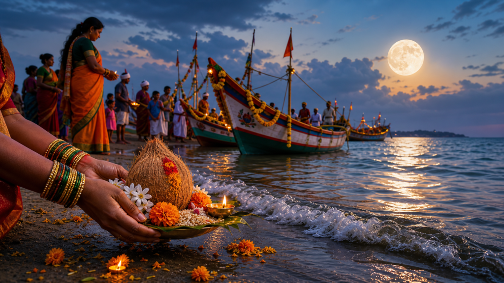 Narali Purnima coconut offering on the Maharashtra coast with decorated Koli fishing boats under a full moon
