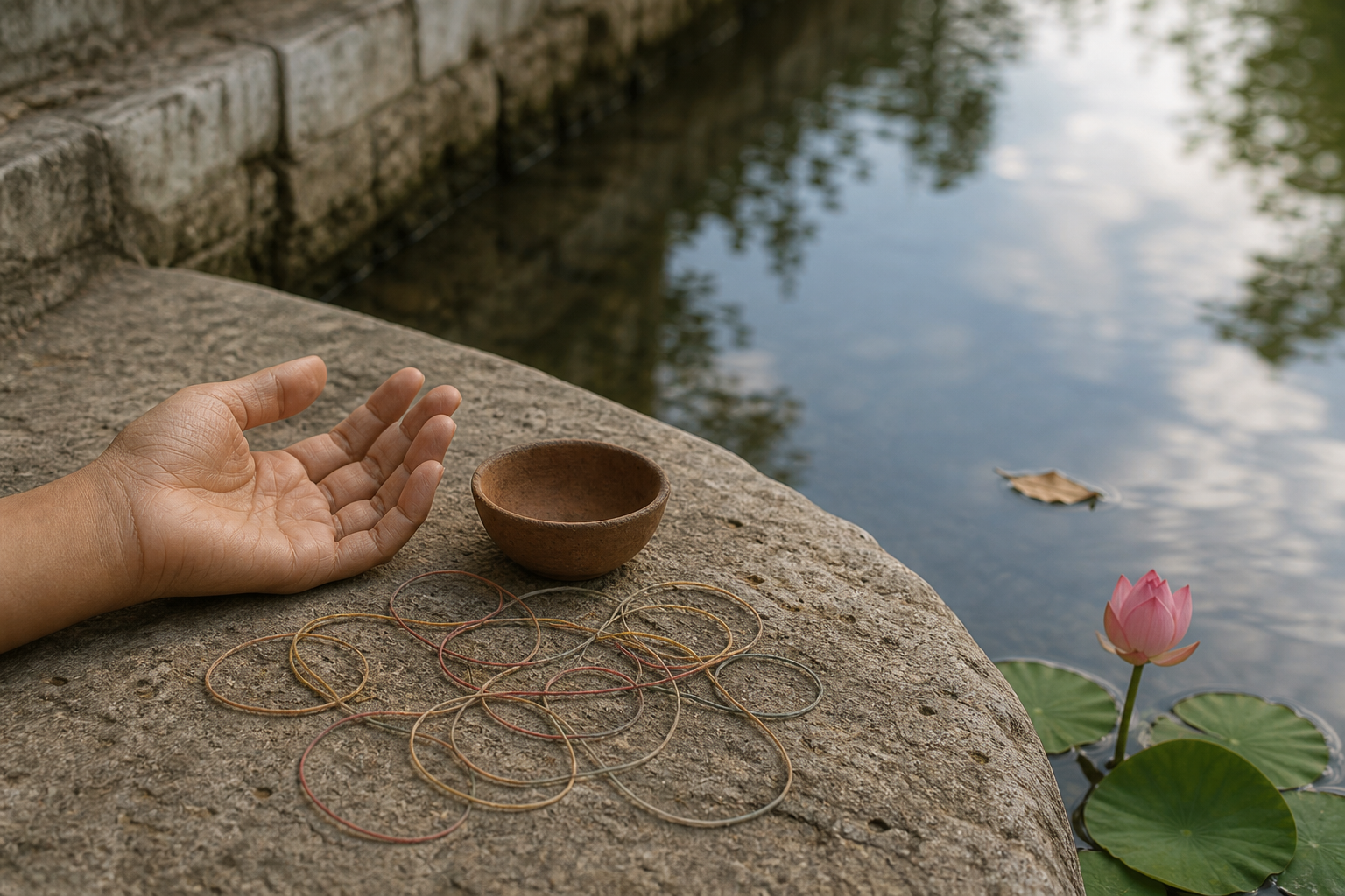 An open hand, a clay bowl, and loosened threads rest beside a calm stream where a leaf drifts past a rooted lotus.