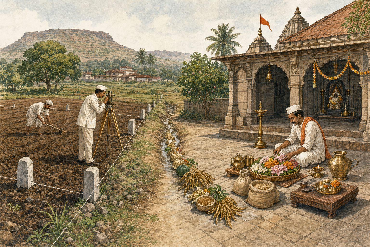 A surveyor and cultivator examine a farm parcel while, in a separate temple courtyard, a caretaker prepares offerings for daily worship.