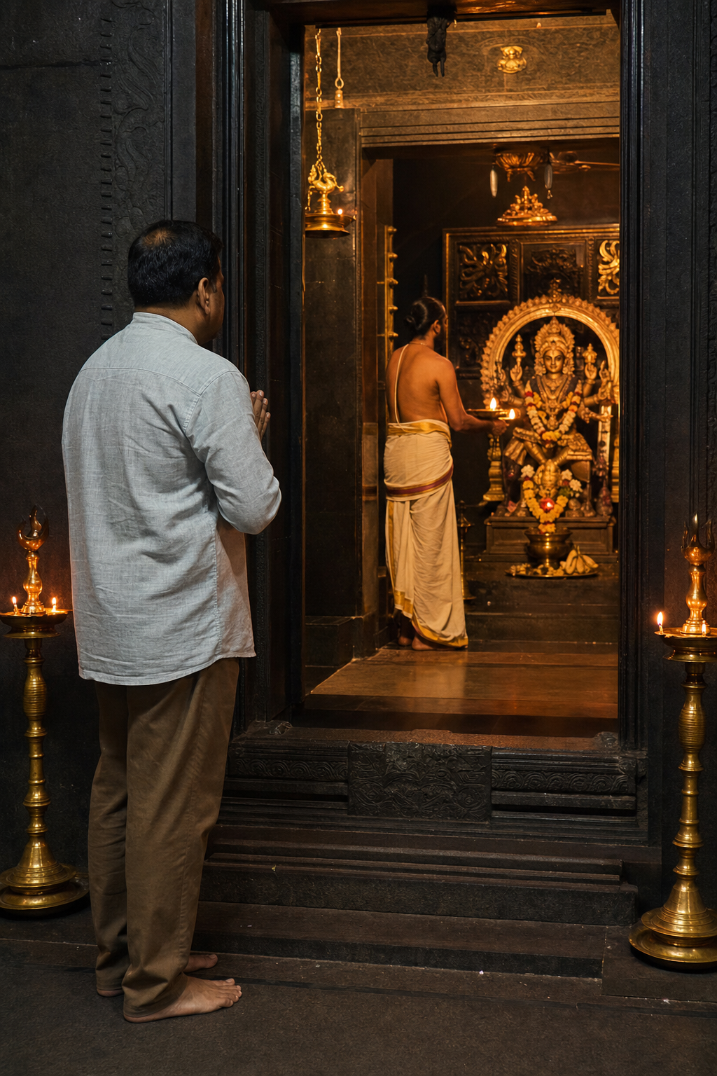 A visitor observes from outside a temple sanctum while a priest offers a lamp before a golden-hued Bhairava murti.