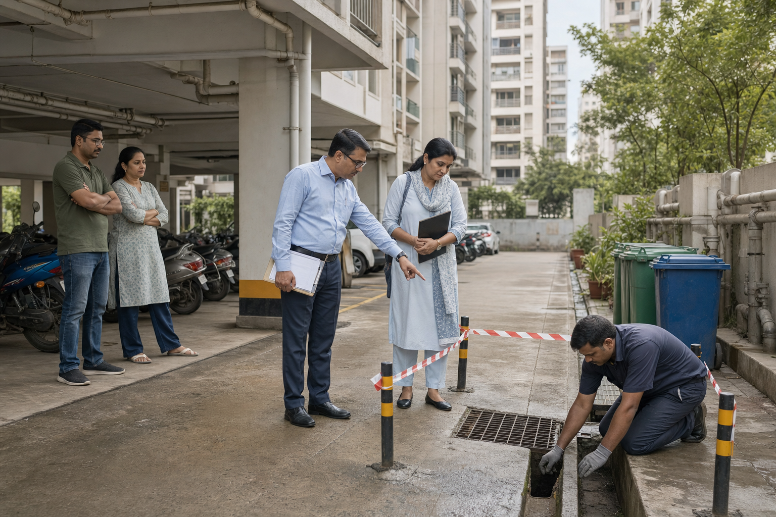 A housing-society representative and municipal officer inspect a cordoned parking area and floor drain while maintenance staff and residents stand nearby.
