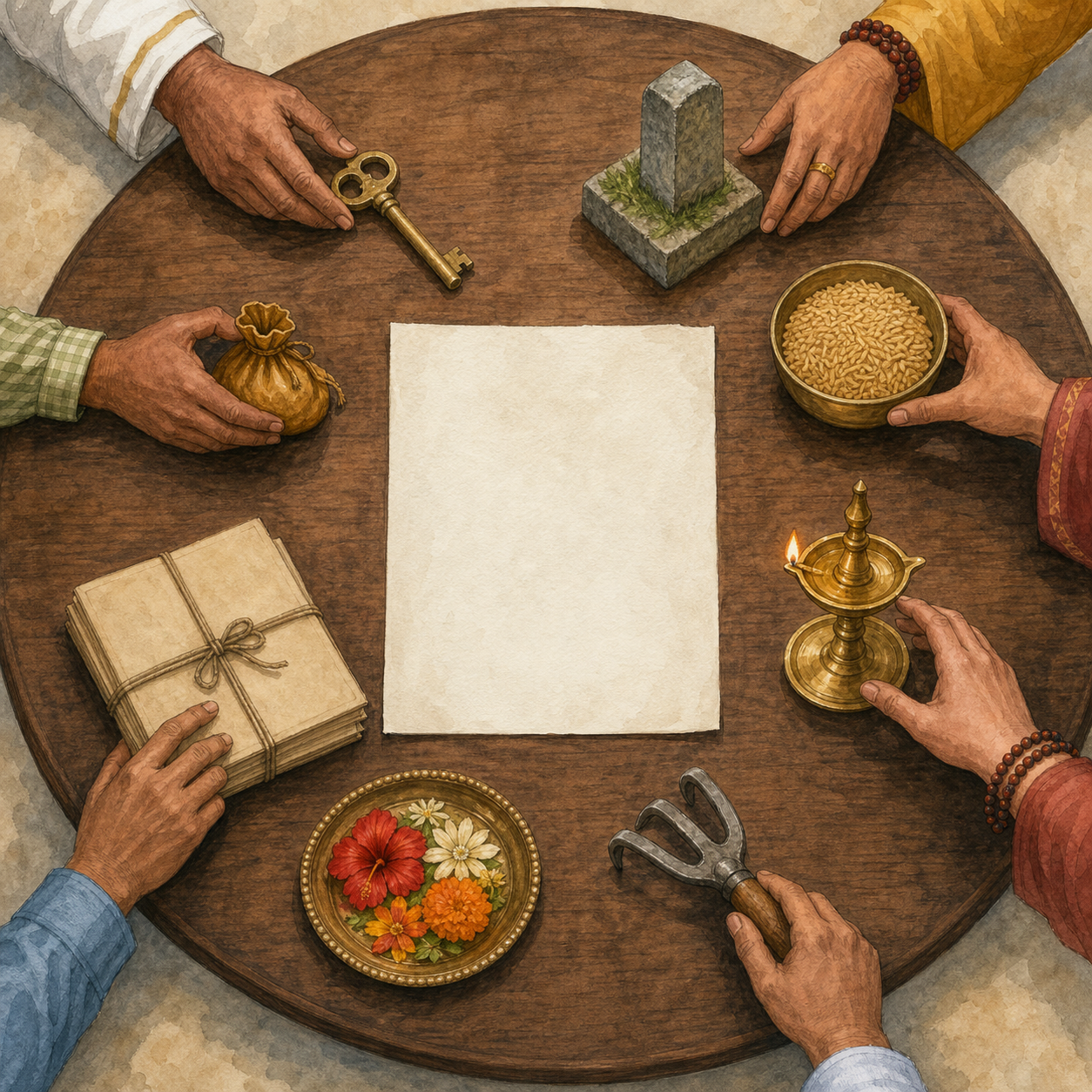 Eight symbolic objects related to land, income, records, cultivation, and worship are arranged around a consultation table as several people examine them.