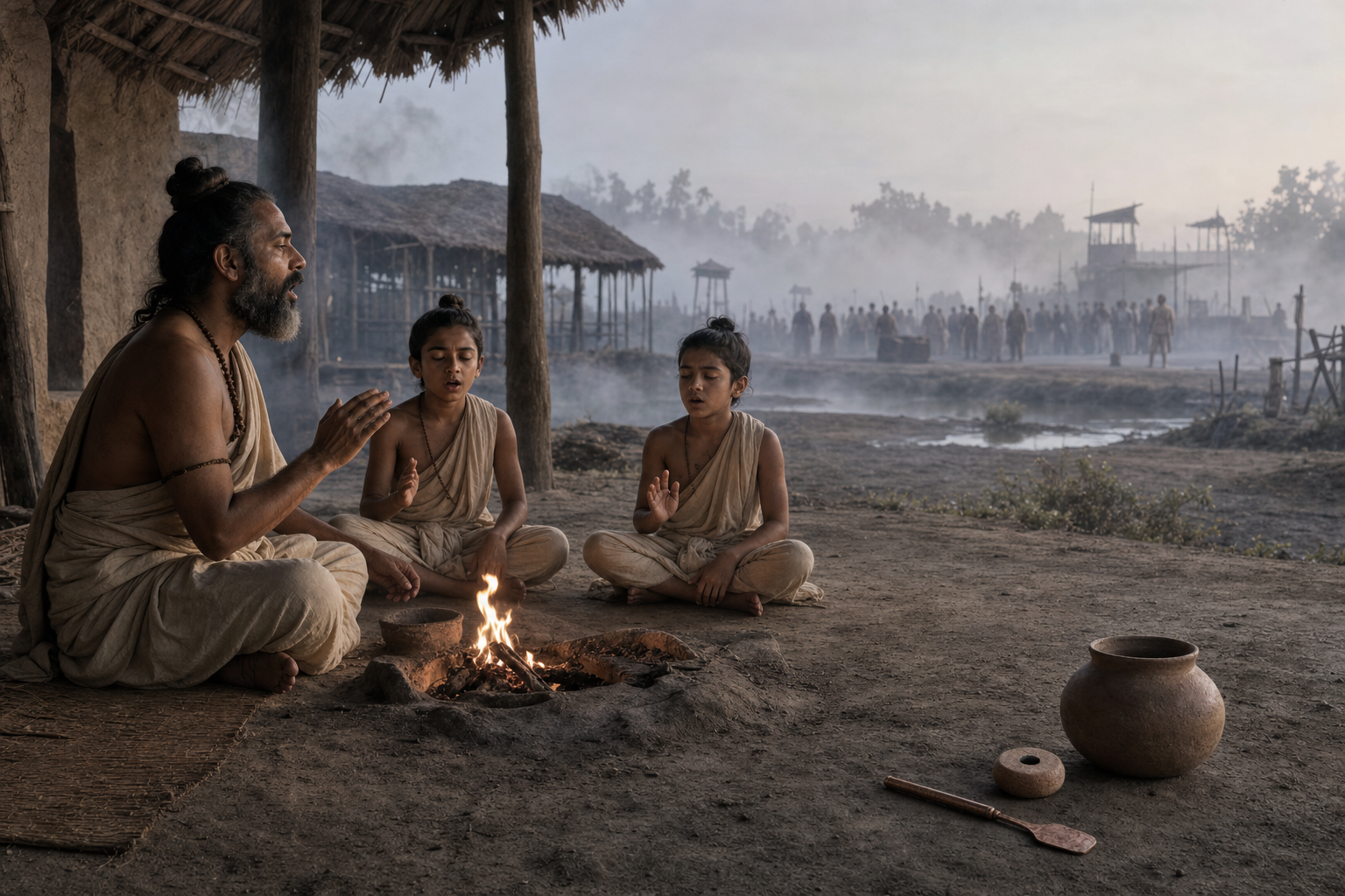 A teacher guides two students in oral recitation beside pottery and simple tools, while a distant gathering remains indistinct in the mist.
