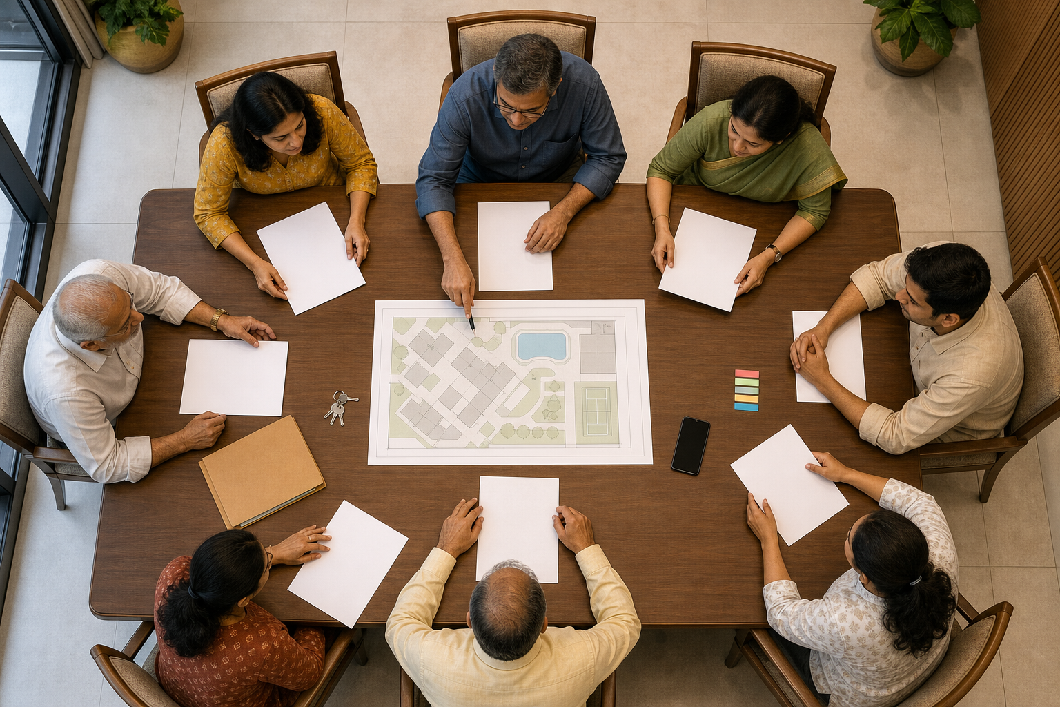 Housing-society committee members organize blank documents, keys, a phone, and an unlabeled building plan during a protocol meeting.