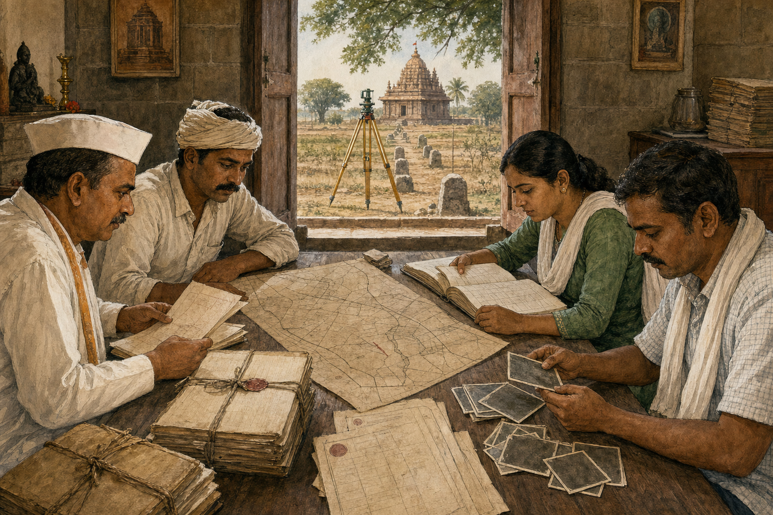 A trustee, cultivator, archivist, and surveyor compare land records in a temple office while surveying equipment faces nearby fields.