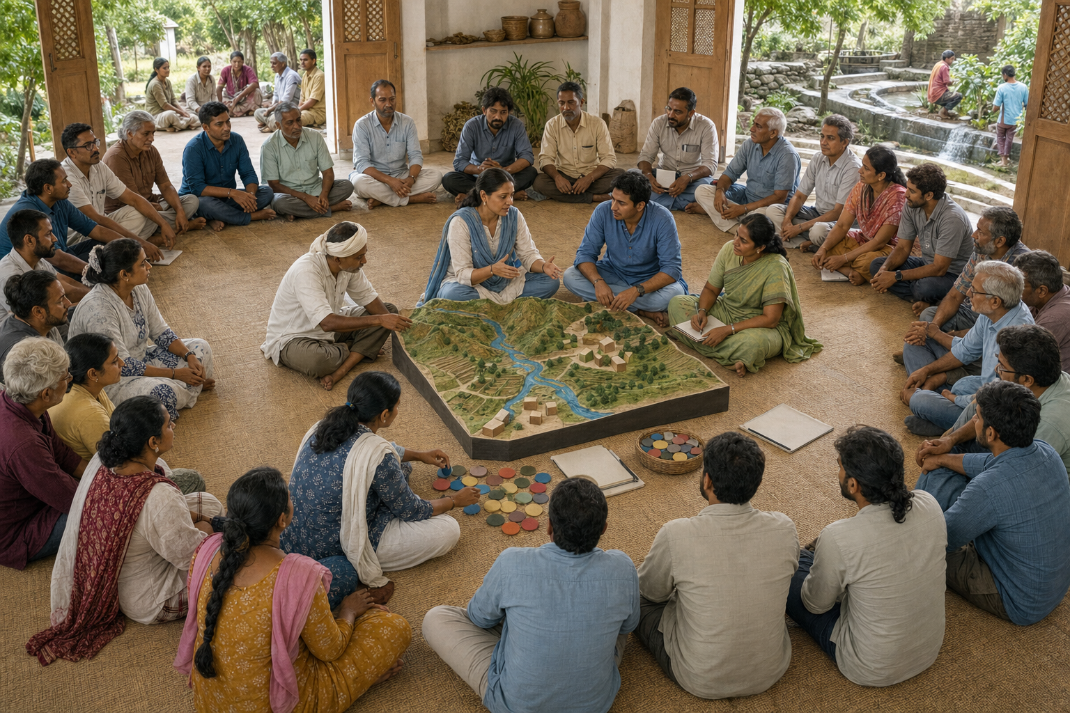 A contemporary community council sits in a broad circle while a smaller working group examines an unlabeled model of a village watershed.